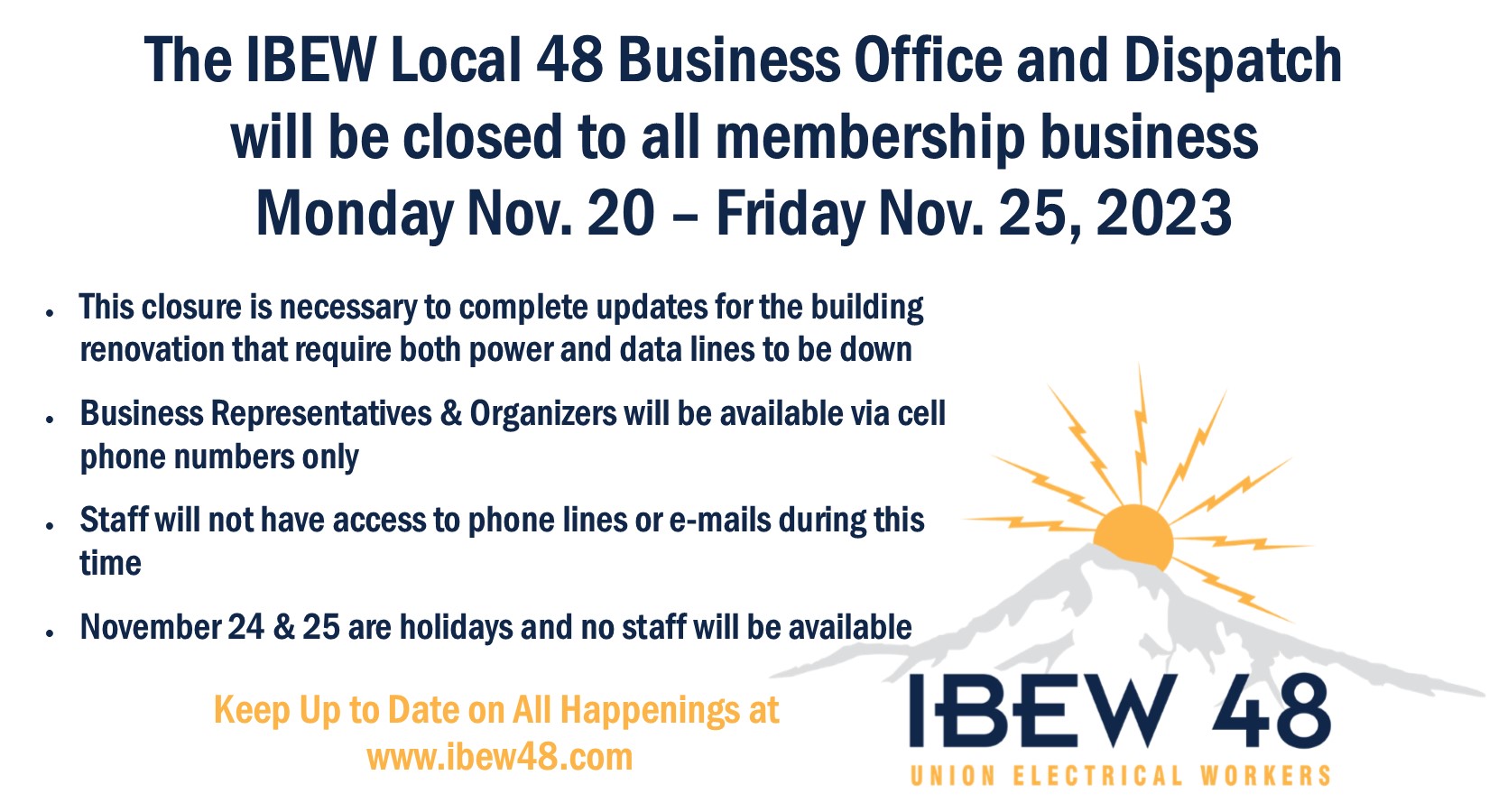 IBEW Local 48 Business Office & Dispatch - CLOSED Monday, November 20th